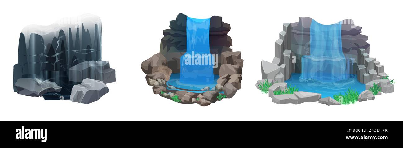 Vektordarstellung „Wasserfälle“. Cartoon isolierte Kaskaden von Bergfluss oder See mit natürlichen Wasserspritzern, Bach fällt auf Felsen und Steine mit Gras vom Hügel, Sommerlandschaft Szenen Stock Vektor