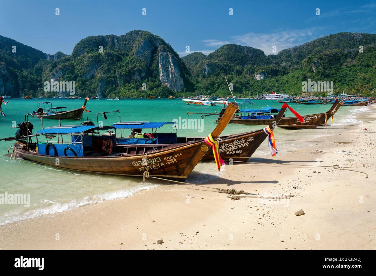 Langschwanz-Boote am Ufer der Phi Phi Don Insel (Ko Phi Phi Don), Ton Sai Beach, Thailand. Stockfoto