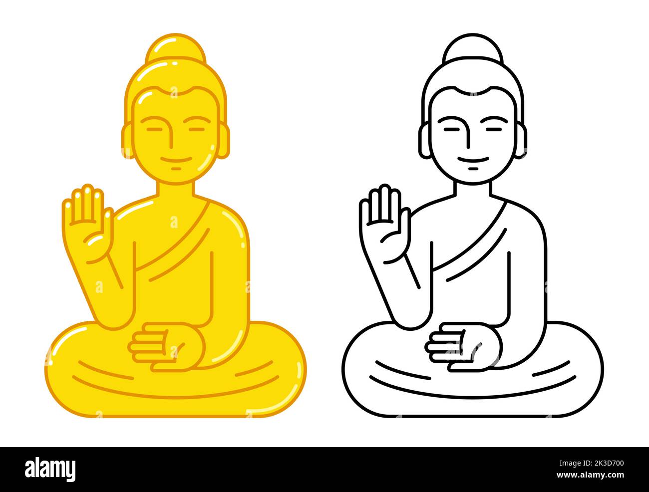 Buddha-Statue mit erhobener Hand, einfache geometrische Ikone. Goldene Farbe und schwarz-weiße Linienkunst. Buddhismus Religion Symbol. Stock Vektor