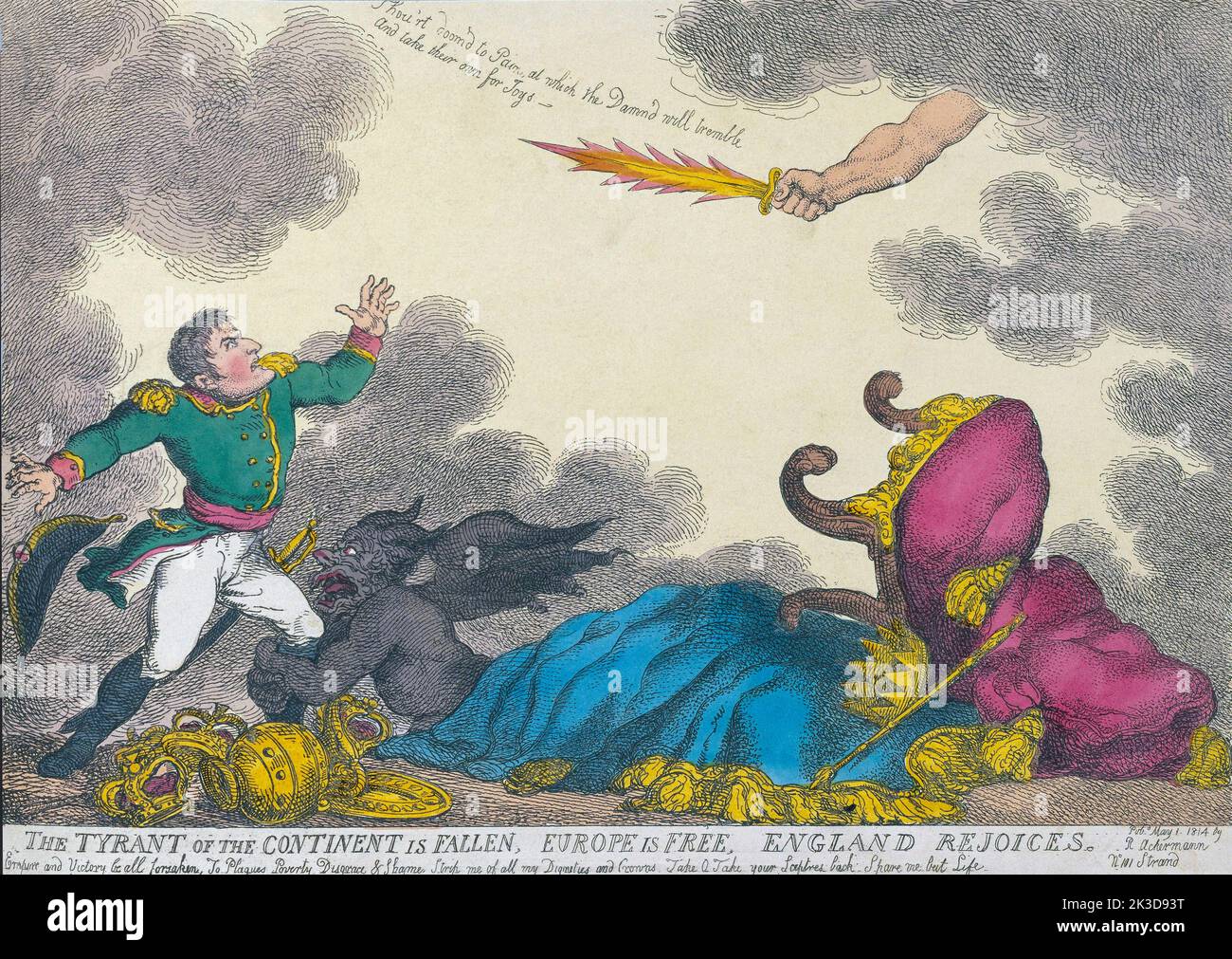 Der Tyrann des Kontinents ist gefallen, Europa ist frei, England freut sich. Karikatur des englischen Künstlers Thomas Rowlandson zur Feier der Abdankung von Napoleon Bonaparte am 11. April 1814 und seiner anschließenden Verbannung nach Elba. Nach einer Arbeit vom 1. Mai 1814. Stockfoto