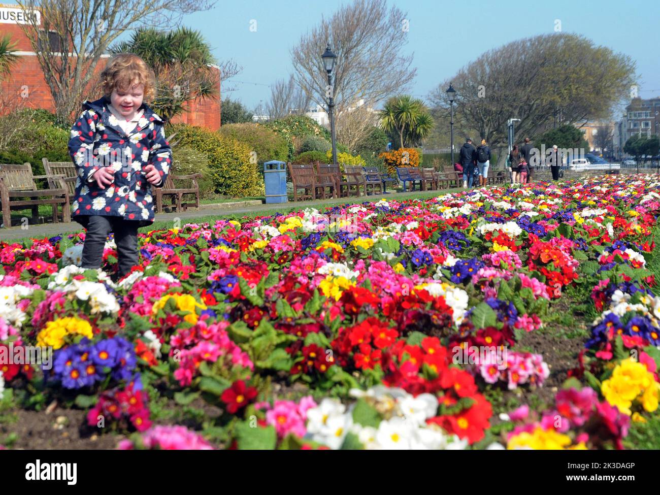 Der 18 Monate alte Niamh Kelly unter den Blumen in der Sonne des Ostermontags in Southsea, Hants. Pic Mike Walker,2015 Mike Walker Pictures Stockfoto