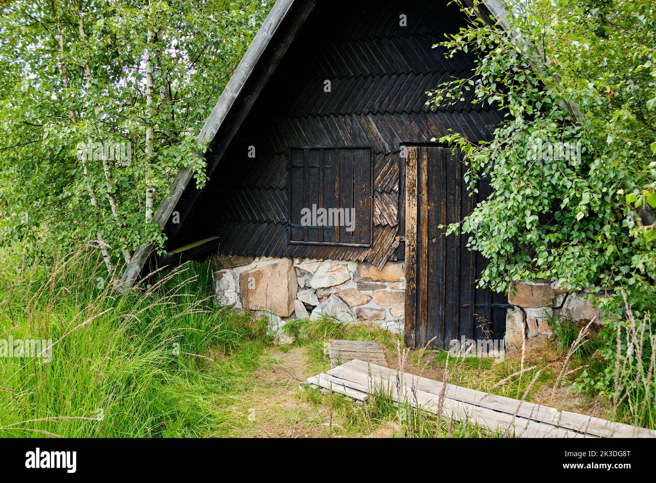 Hütte am ehemaligen Torfgraben im Naturschutzgebiet des Georgenfelder Hochmoors, Altenberg, Sachsen, Deutschland. Stockfoto