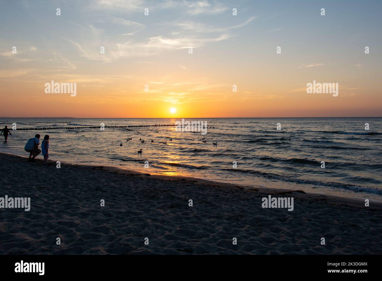 Strandidylle - die Menschen genießen den Sonnenuntergang über dem Meer, mit hölzernen Wellenbrechern im Wasser und einigen Möwen Stockfoto