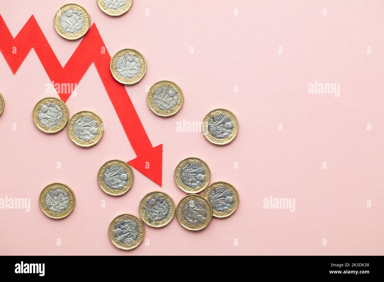 Britische Pfund Sterling Münzen mit einem roten Pfeil nach unten. Wirtschaftskrise in Großbritannien Stockfoto