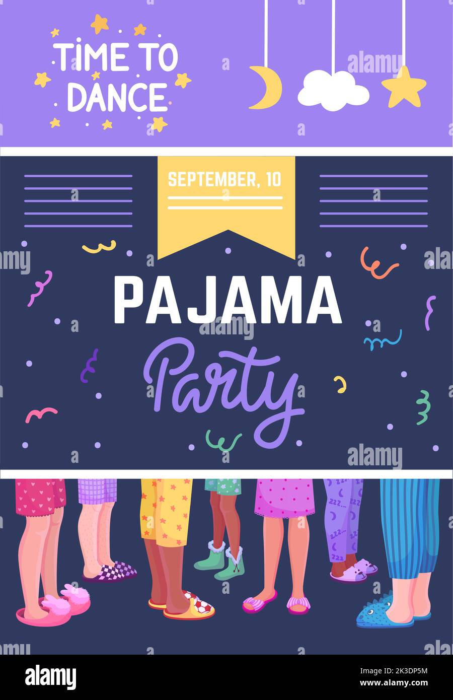 Pyjama-Party-Banner. Nachttanz zu Hause Urlaub festlich. Einladung zum Joy Weekend mit Freunden. Die Beine tragen flauschige gemütliche Hausschuhe Vektor Hintergrund. Stock Vektor