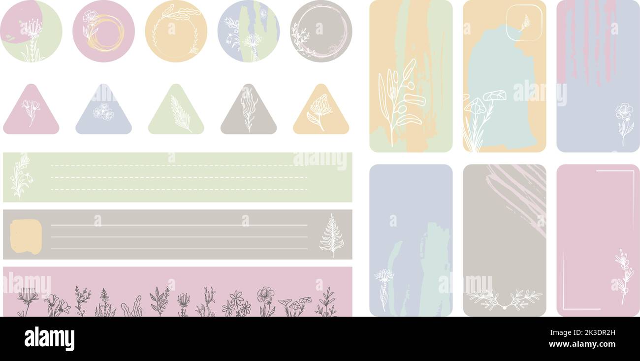Vektor-Set für Social-Media-Elemente. Zeichnung floral minimal Aufkleber, Abdeckungen und Vorlage für Beiträge. Botanical Grunge einfaches Design, moderne Linienblumen Stock Vektor