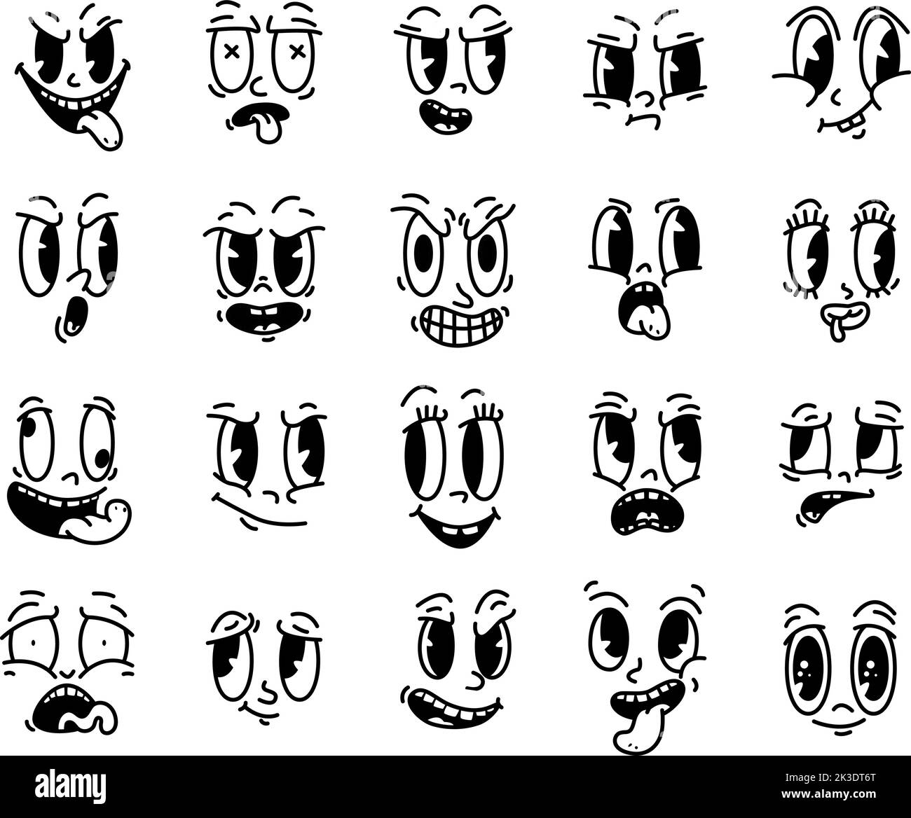 Comic Maskottchen Retro-Figuren. Vintage Cartoon Gesicht, isolierte Emotionen Vorlage. Unterschied Ausdruck Avatare, trendige Gesichter Schöpfer kuschelig Vektor col Stock Vektor