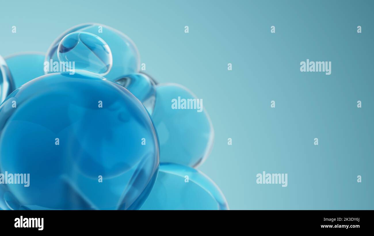 Nahaufnahme der blauen Ölblasen abstrakt. Naturkosmetik ätherisches Öl Tropfen. 3D Darstellung rendern Stockfoto