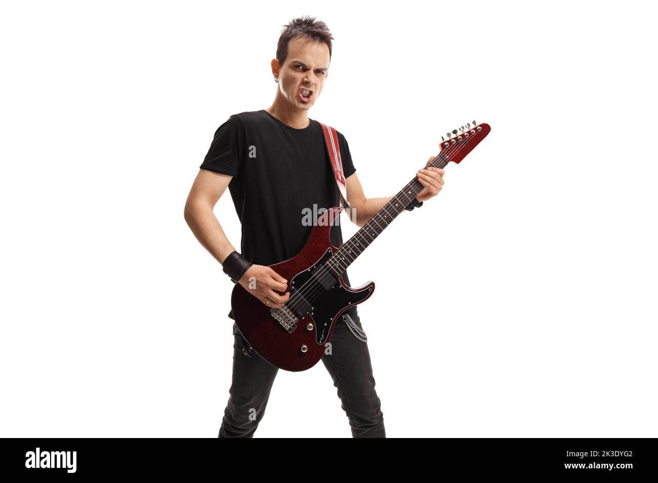 Rockmusiker spielt eine elektrische Gitarre isoliert auf weißem Hintergrund Stockfoto