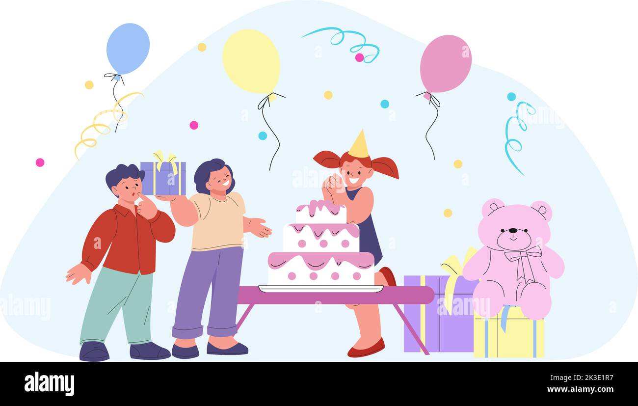 Geburtstagsfeier mit Kuchen, Ballons und Konfetti. Nettes Mädchen und Freunde feiern. Festliche glückliche Kinder, Geschenke und Süßigkeiten Vektor-Szene der Partei cak Stock Vektor