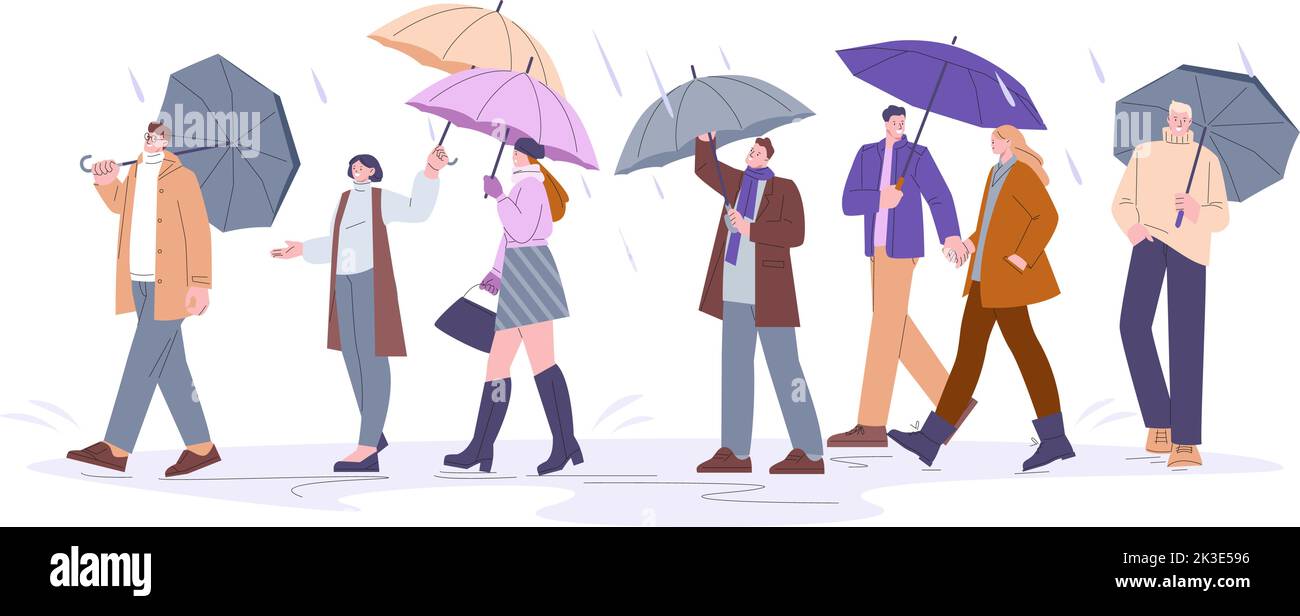 Menschenmenge läuft bei Regen oder Sturm. Regenschutz, Regenschirm und Mäntel. Stürmischer Tag draußen und Menschen gehen zur Arbeit. Frühling Herbst Saison Wetter kicky Vektor Stock Vektor