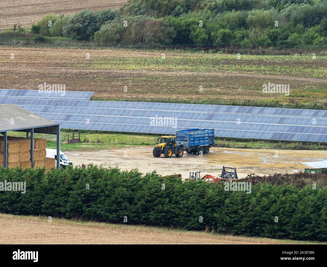 Sonnenkollektoren auf einer Farm in Süßwasser auf der Isle of White, Großbritannien. Stockfoto