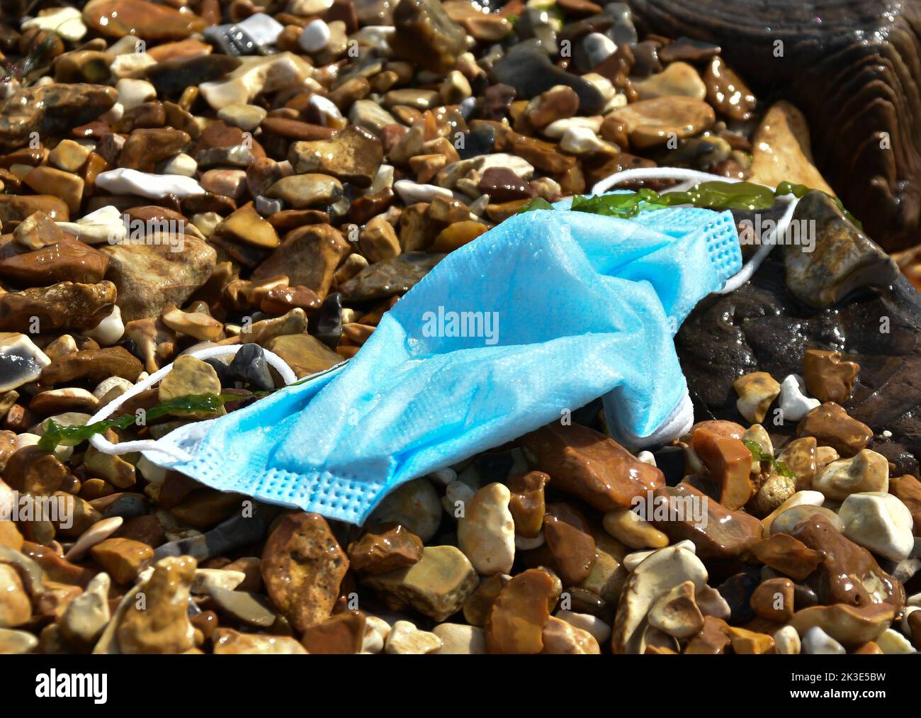 Left Behind Paper Mask am Calshot Beach, der schon lange dort ist Stockfoto