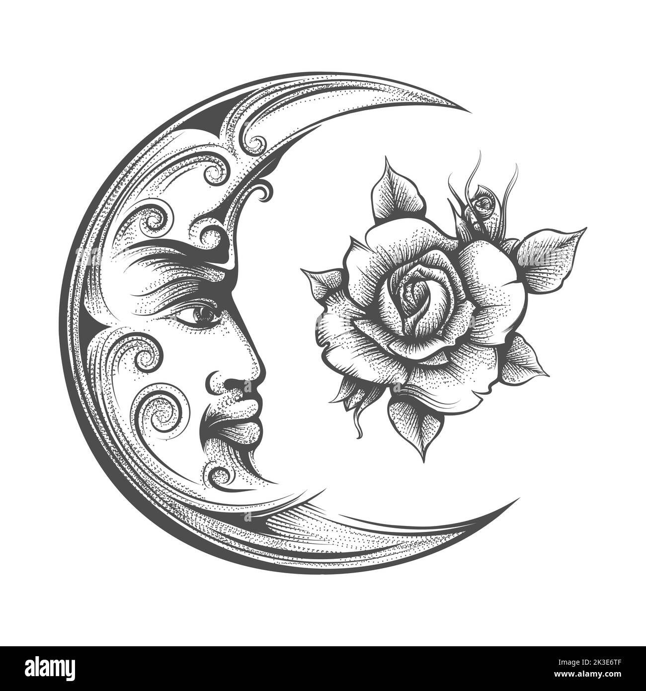 Gravur Halbmond und Rosenblüten esoterisches Symbol isoliert auf Weiß. Vektorgrafik Stock Vektor