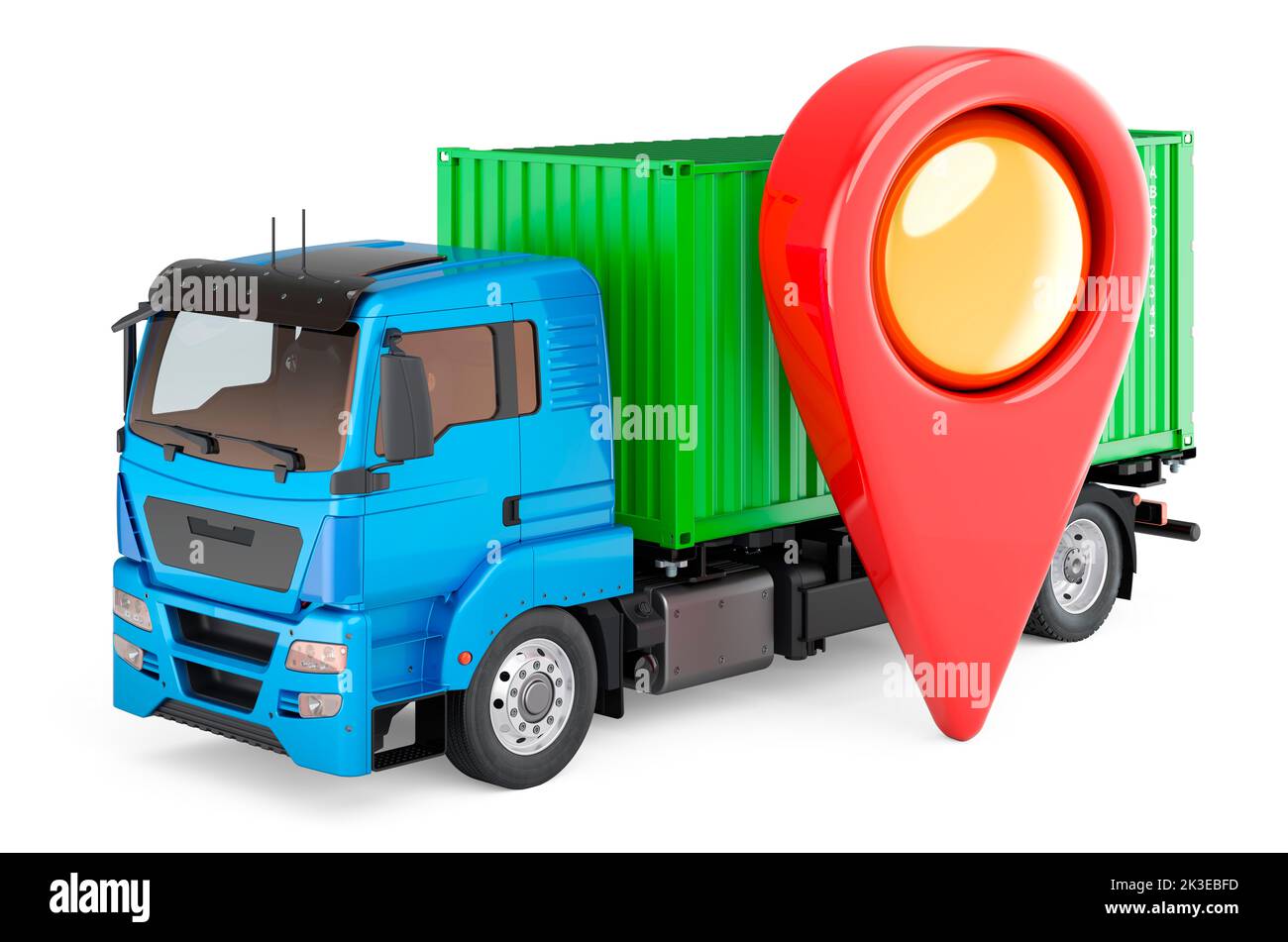 Container-LKW mit Kartenzeiger, 3D Rendering isoliert auf weißem Hintergrund Stockfoto