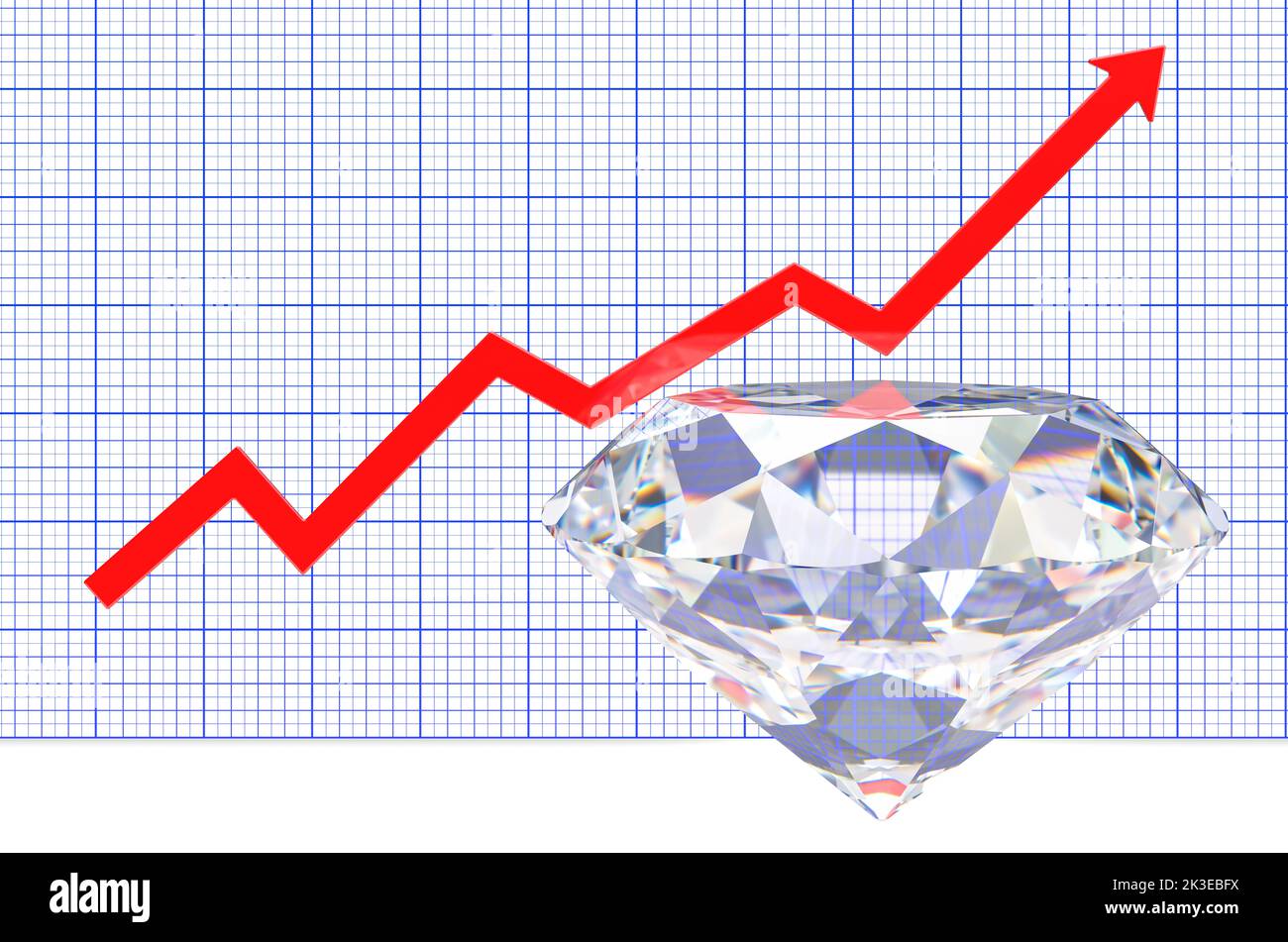 Diamant mit wachsendem Diagramm. 3D Darstellung isoliert auf weißem Hintergrund Stockfoto