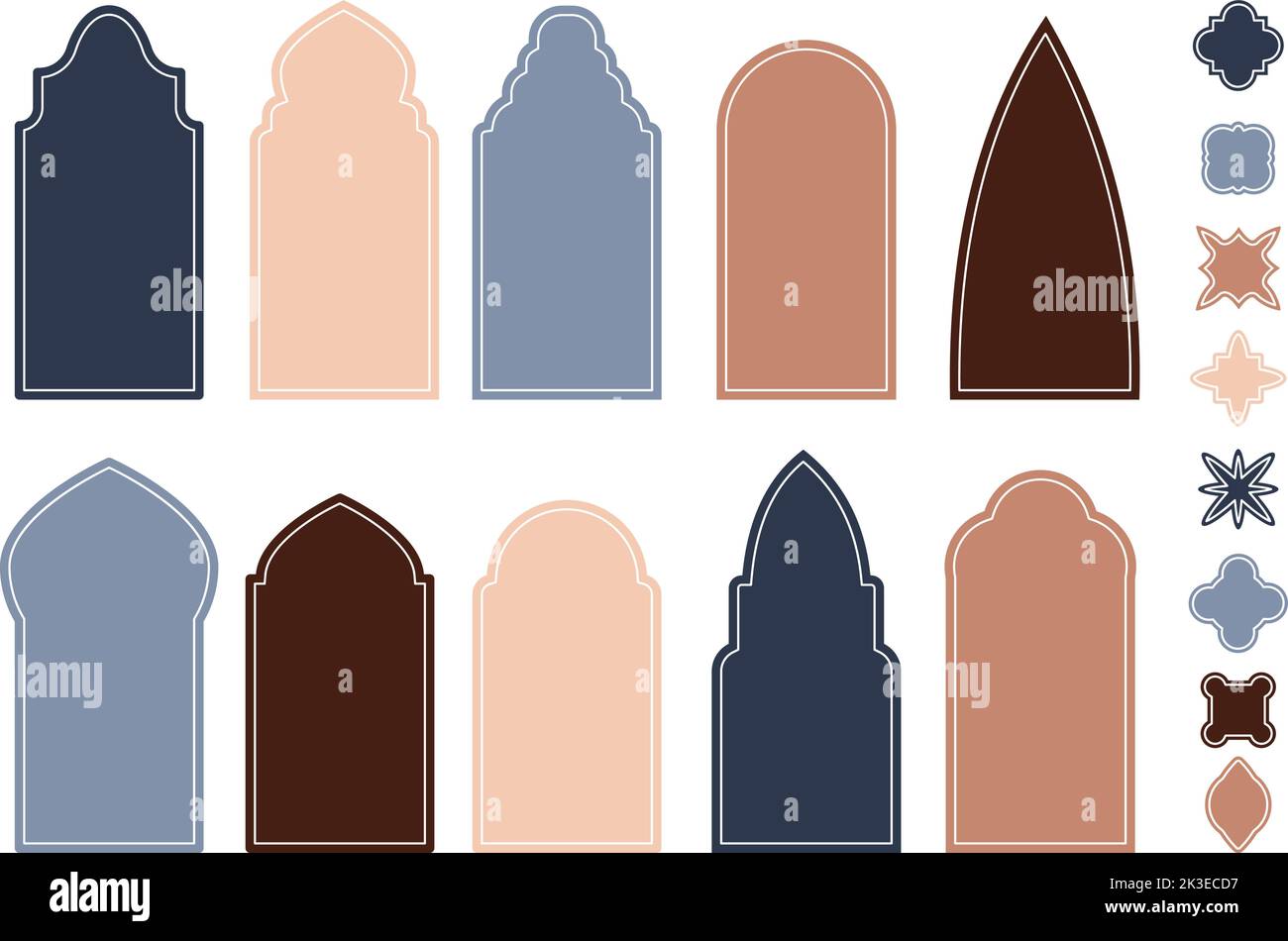Arabische Fenstervorlage, orientalischer Designbogen und Dekor. Islamische Silhouetten Türen Design. Boho Stil Schilde, Formen Moschee Kuppel, Vektor-Set von Templ Stock Vektor
