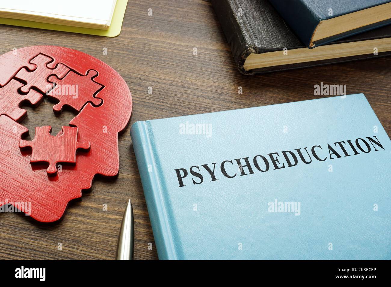 Buch über Psychoerziehung und Kopf mit Puzzles. Stockfoto