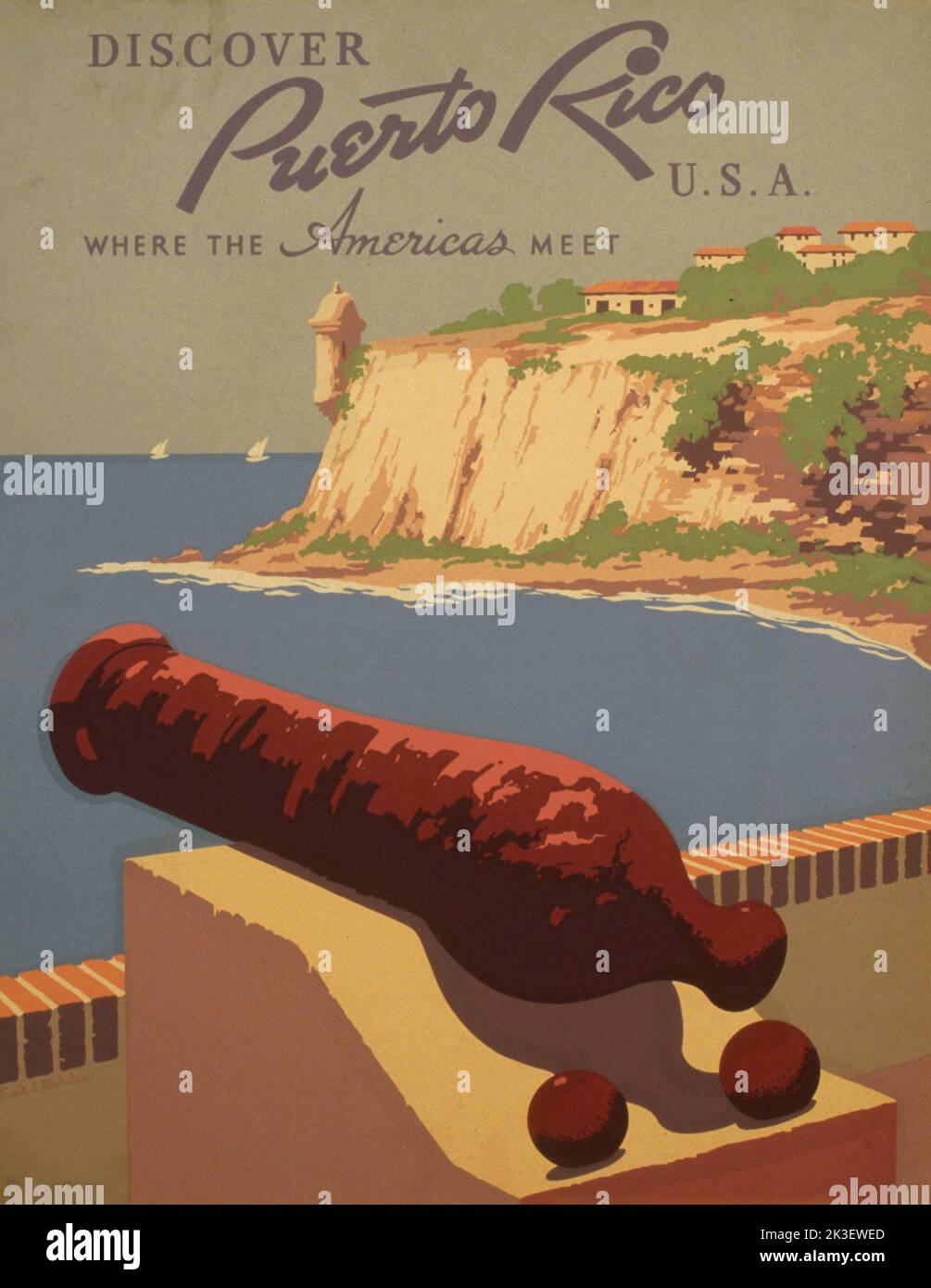 Entdecken Sie Puerto Rico, USA, wo sich Amerika trifft, Vintage-Reiseposter von Frank S. Nicholson. Ca. 1930-1940 Stockfoto