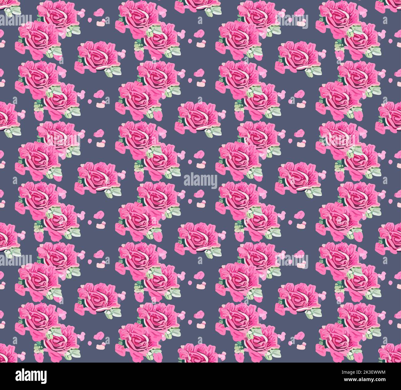 Nahtloses Vektor-Muster aus rosa Rosen Blumen mit Blättern auf grau Stock Vektor
