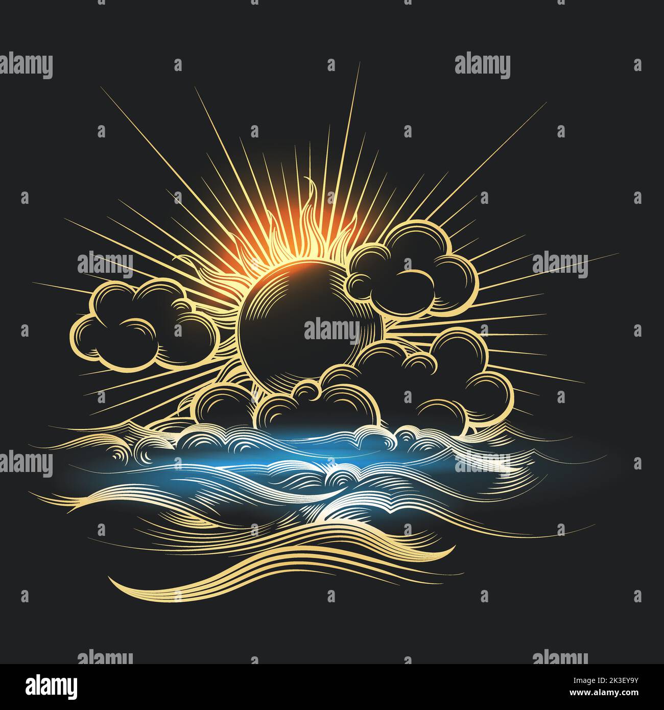 Goldene Sonne und Meer auf schwarzem Hintergrund im Gravurstil gezeichnet. Vektorgrafik Stock Vektor