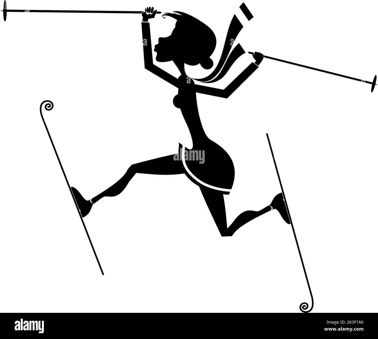 Illustration einer jungen Skifahrerin. Wintersport. Junge Frau beim Skifahren. Schwarz auf weißem Hintergrund Stock Vektor