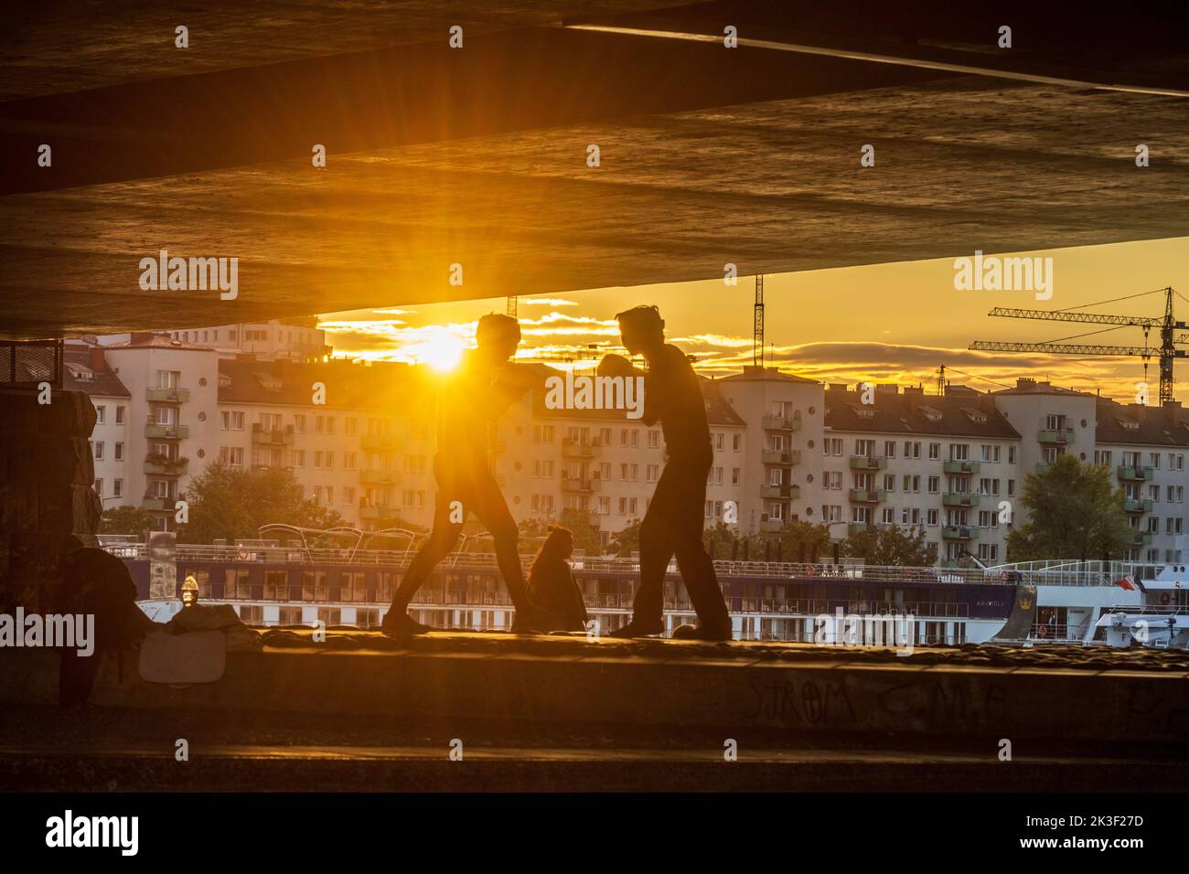 Wien, Wien: 2 Männer Boxsport unter Brücke Reichsbrücke, Sonnenuntergang, Kreuzschiff 22. Donaustadt, Wien, Österreich Stockfoto