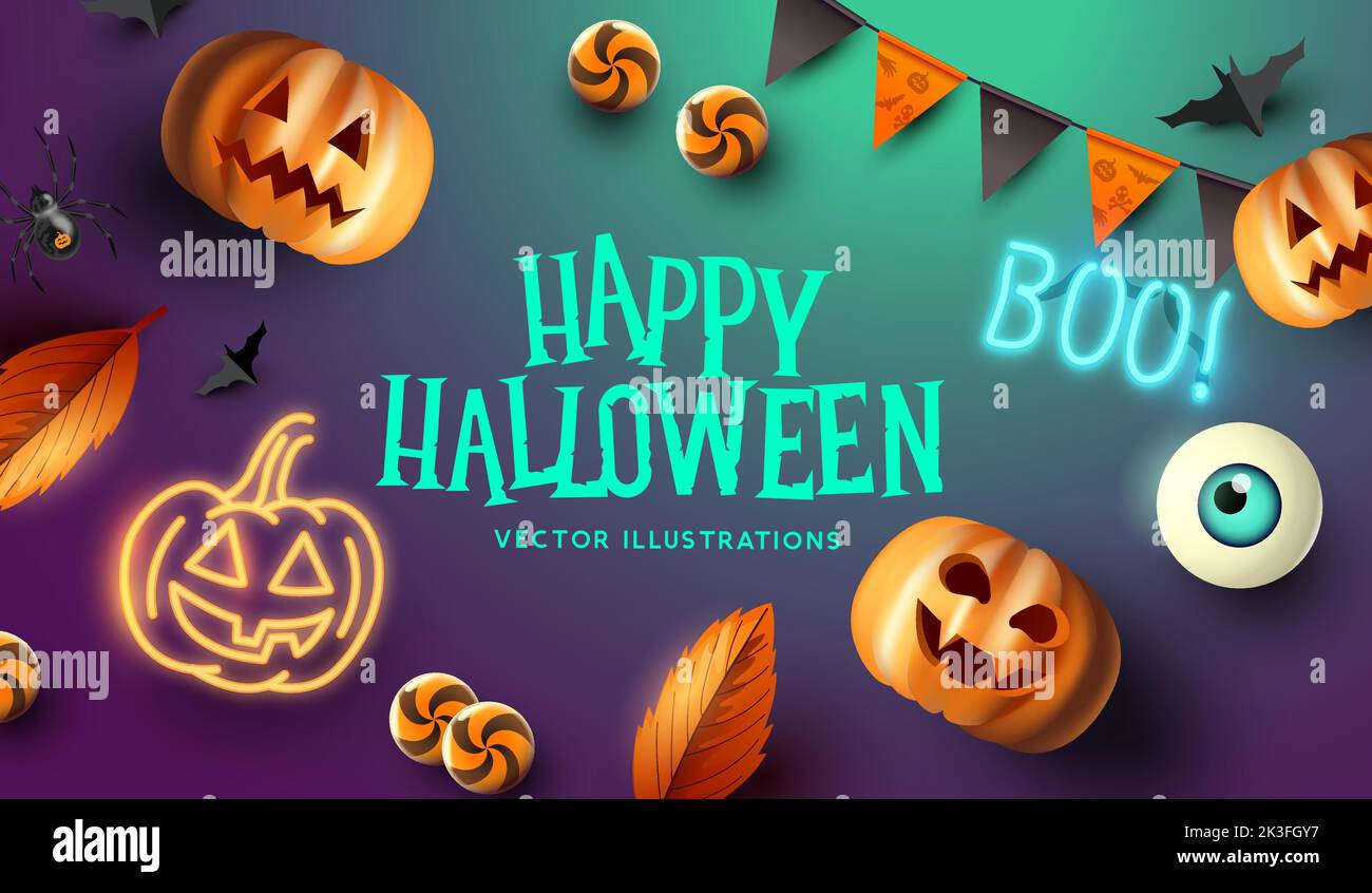 Happy halloween Event Mockup Design Hintergrund. Einschließlich grinsend Jack o Laternen Kürbisse und süße Leckereien. Vektorgrafik. Stock Vektor