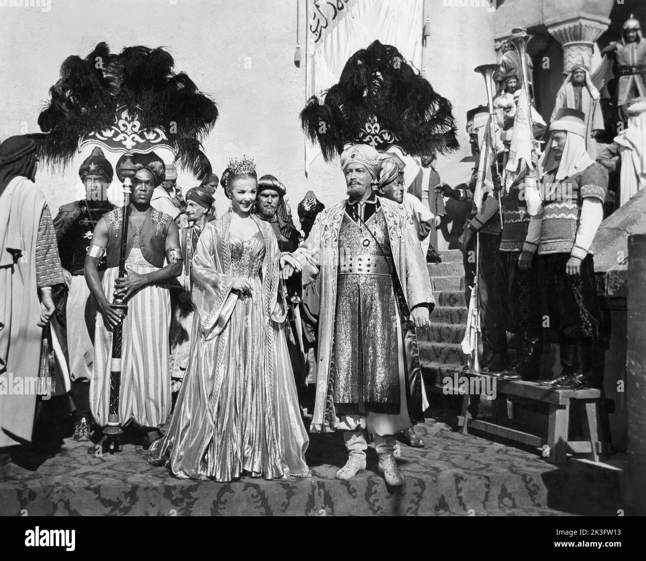 Piper Laurie, Edgar Barrier, Dreharbeiten zum Film, „The Golden Blade“, Universal Picturs, 1953 Stockfoto