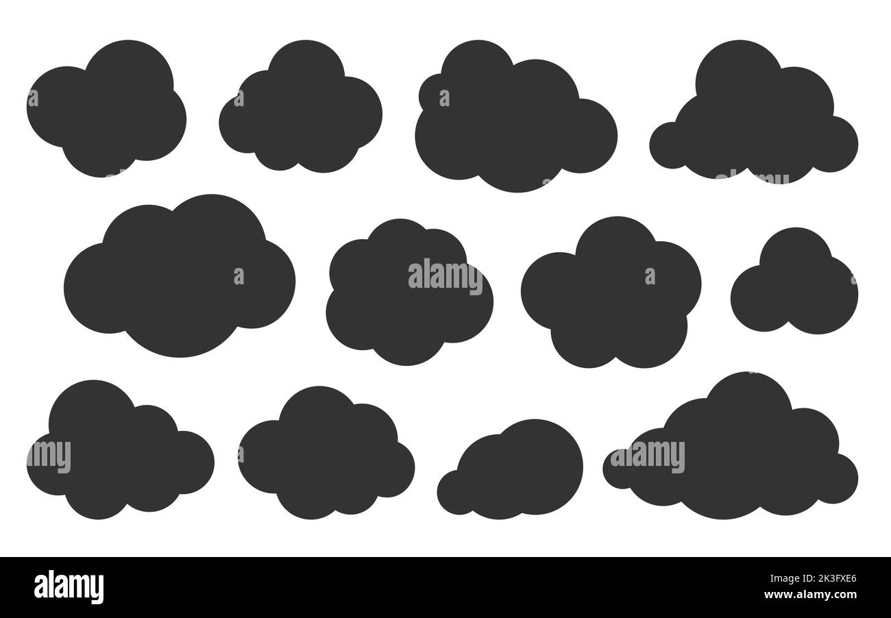 Wolken schwarz Silhouette Symbol gesetzt. Glyphen Vektor Symbol von Wetter, Datenbank, Cloud-Speicher oder Netzwerk. Grafik-Design-Vorlage für Web-Schnittstelle. Bedeckt, Cleen wolkigen Himmel Element flache Zeichen Sammlung Stock Vektor