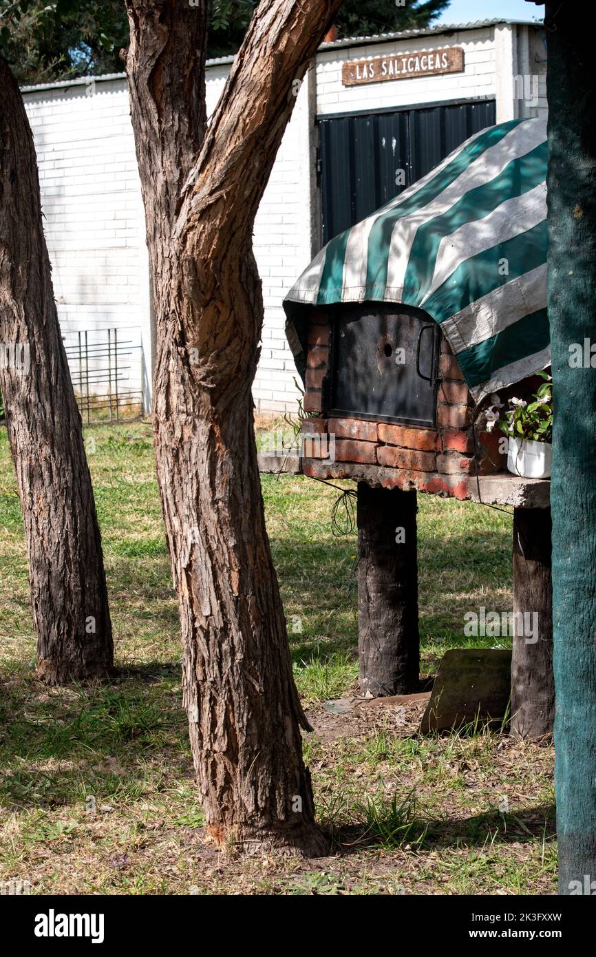 Traditioneller Backsteinpizzaofen im Garten unter Baumschatten Stockfoto