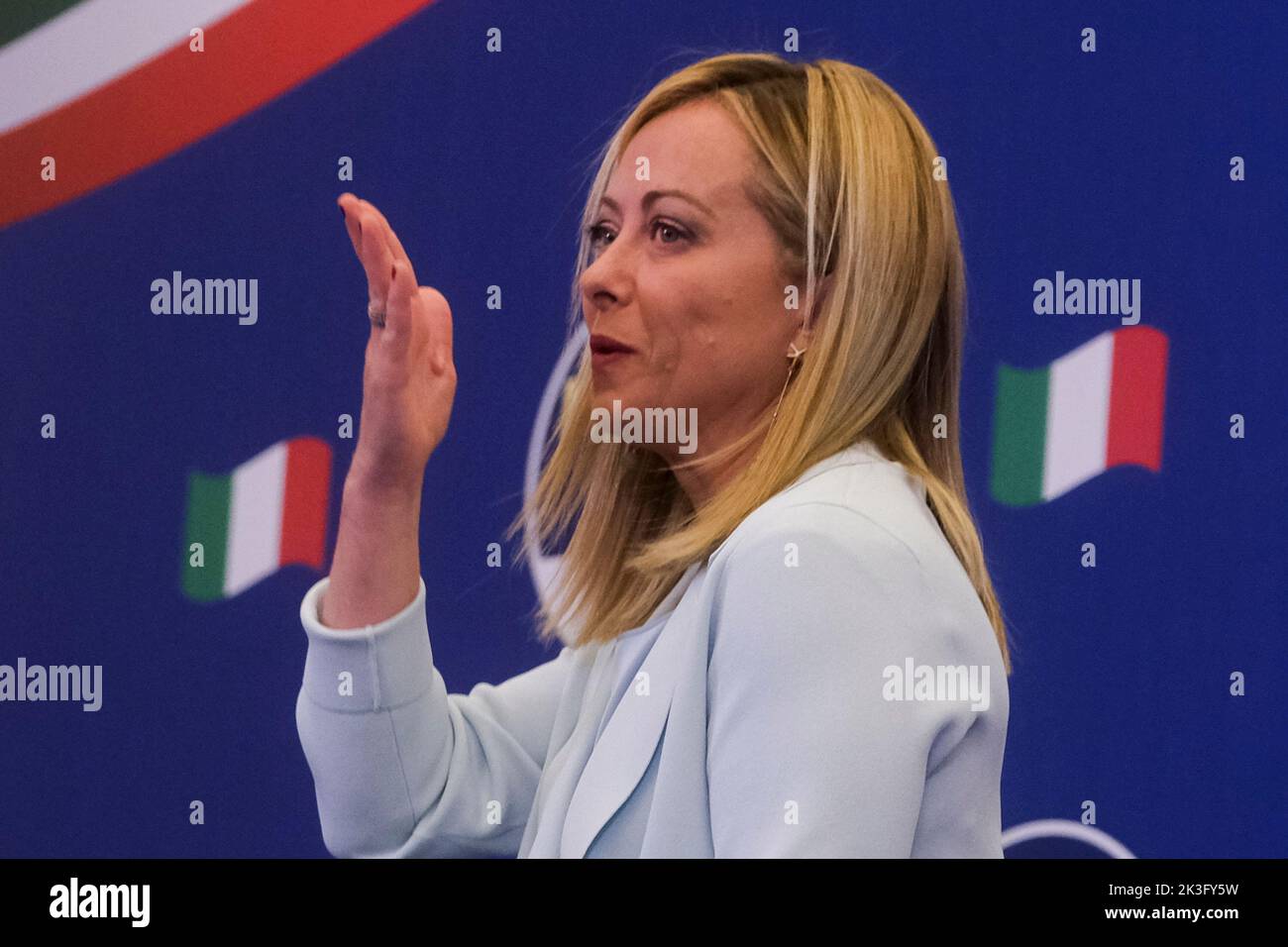 Giorgia Meloni gewinnt die italienischen Wahlen, fratelli d'italia ist Italiens führende Partei, Pressekonferenz Stockfoto