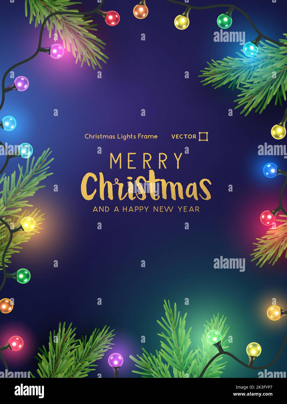 Leuchtende helle und bunte weihnachtsmärchen-Lichterketten. Vektordarstellung „Hintergrund-Rahmen für Feiertage“. Stock Vektor