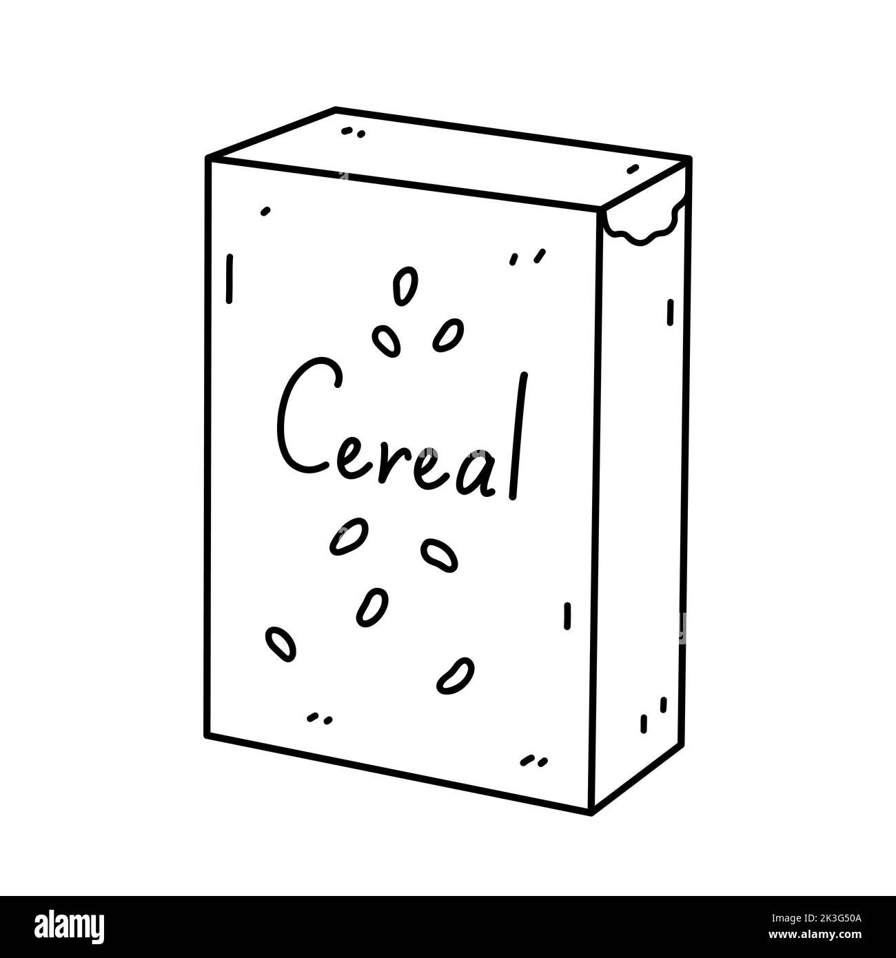 Getreidekarton isoliert auf weißem Hintergrund. Maisflocken-Paket, Lebensmittel zum Frühstück oder für einen Snack. Vektor-handgezeichnete Illustration im Doodle-Stil. Perfe Stock Vektor
