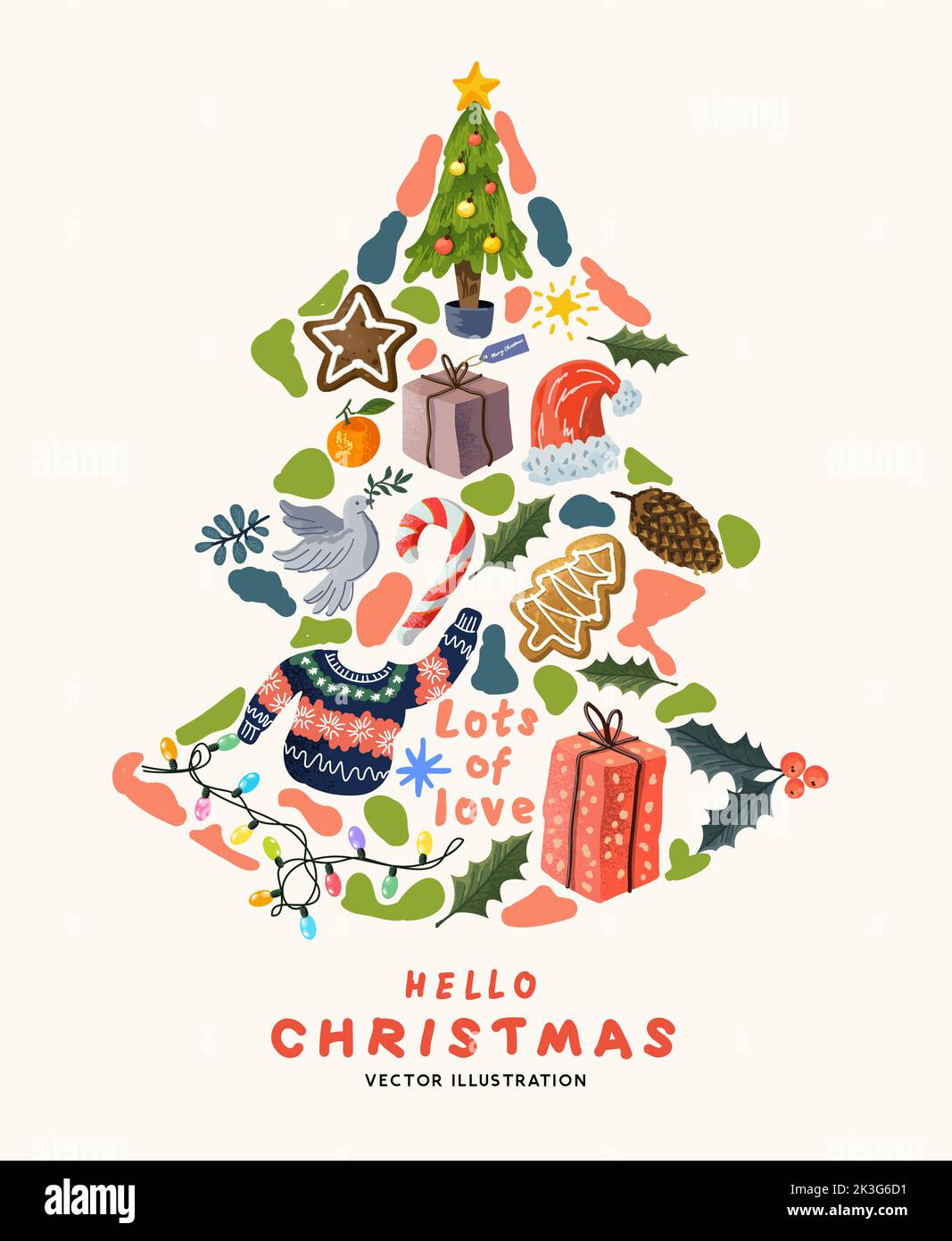 Fröhliche Weihnachtsbaum handgefertigte Dekorationsdesigns mit Pflanzen, Lichtern und festlichen Leckereien! Vektorgrafik. Stock Vektor