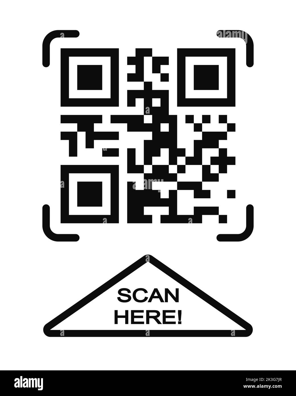 Symbol „Hier scannen“. QR-Code-Vorlage. Gefälschtes Beispiel für einen schnell-Antwort-Matrix-Barcode im quadratischen Raster. Lesbares digitales Etikett für Handykameras auf weißem Hintergrund isoliert. Vektorgrafik Stock Vektor