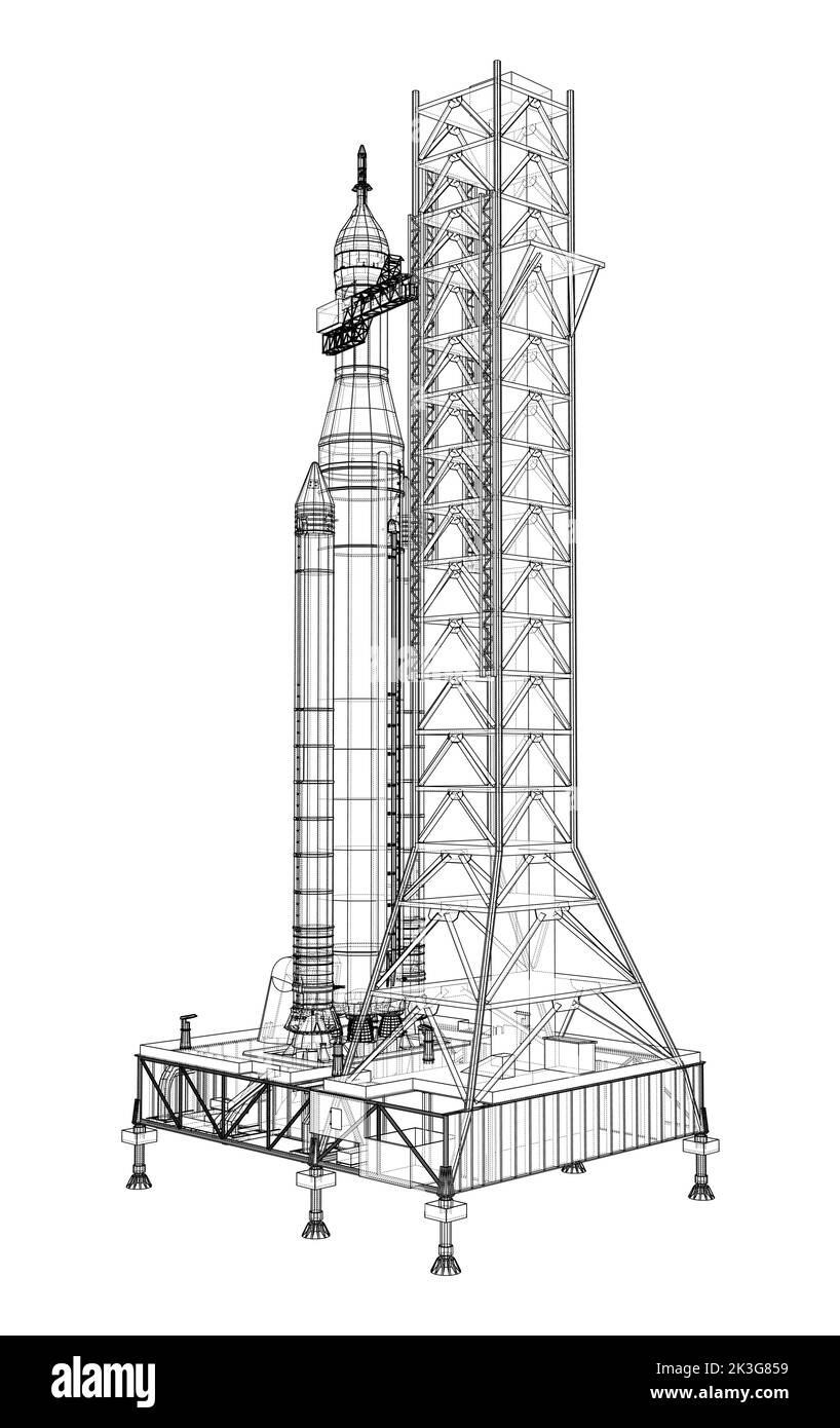 Space Rocket auf der Startrampe. Vektorrendering von 3D Stock Vektor