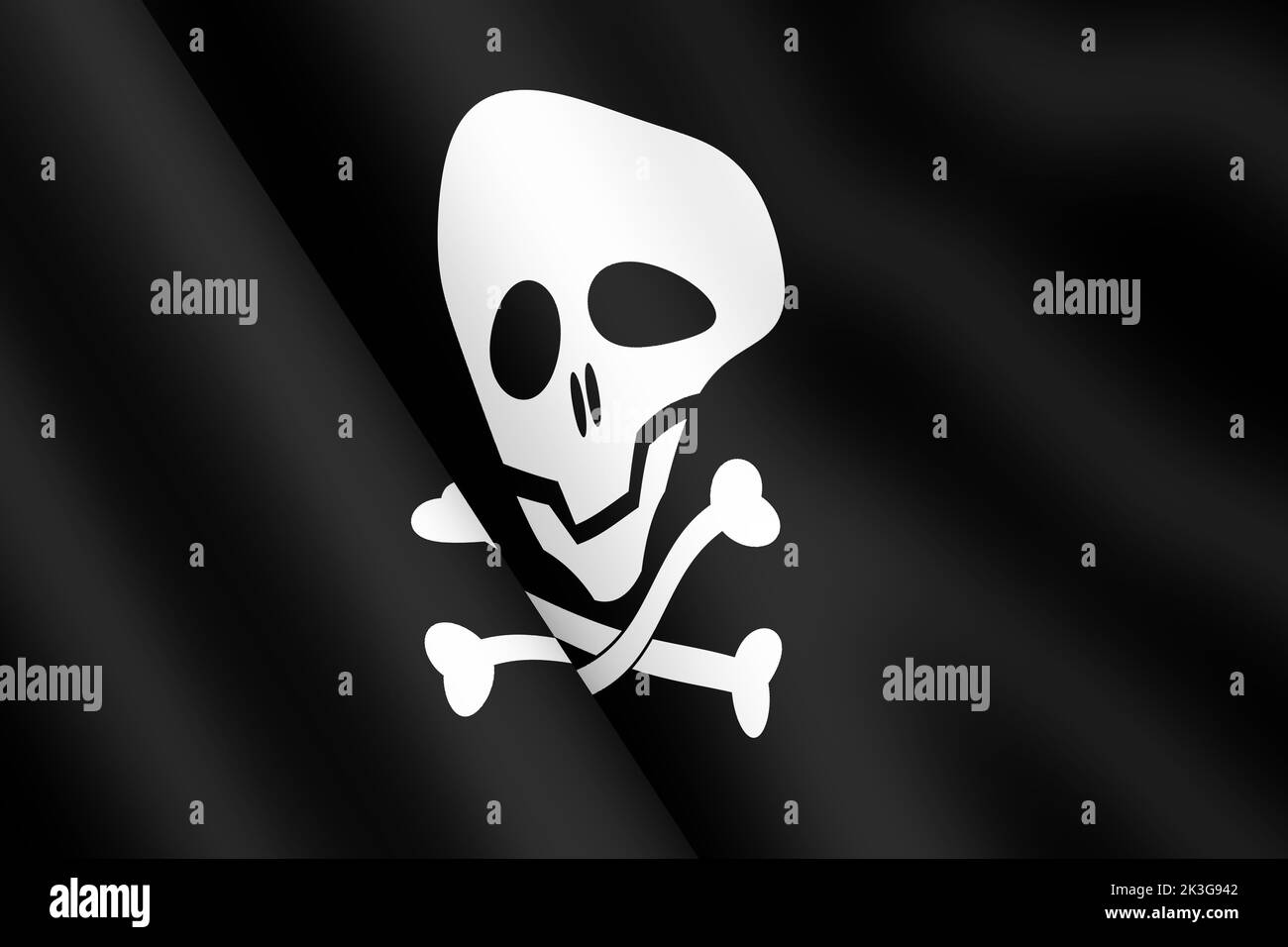 Jolly Roger Totenkopf und Kreuzknochen Piratenflagge winkende Flagge 3D Illustration Stockfoto