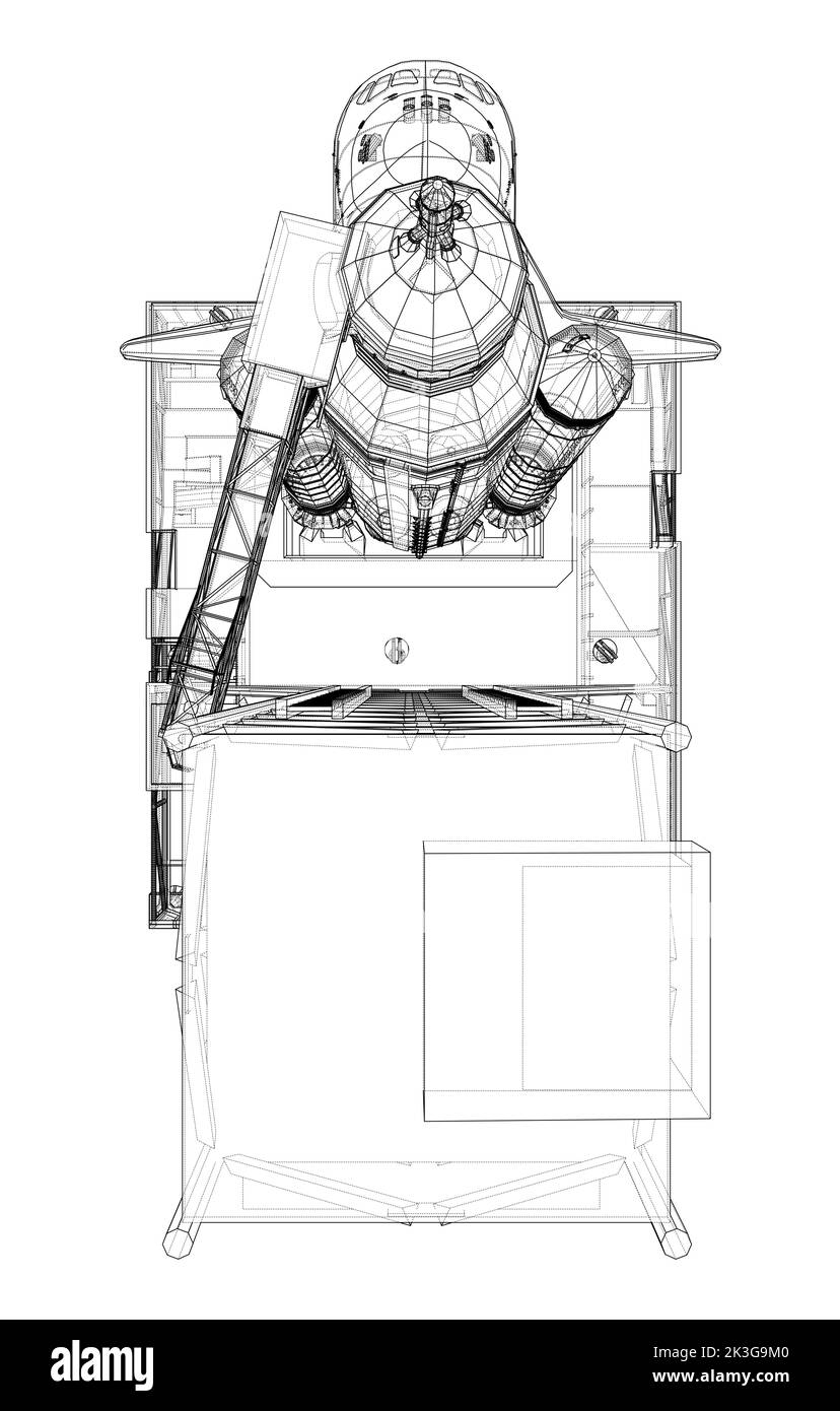 Space Rocket auf der Startrampe. Vektorrendering von 3D Stock Vektor