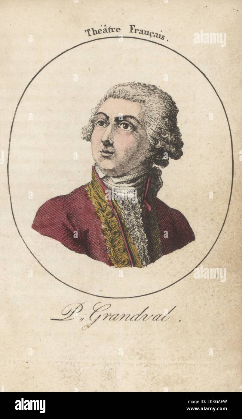 Pierre Racot de Grandval, französischer Comicschauspieler, der 1729 bei den Comedie-Francais debütierte, spielte 1711-1784 in Stücken von Moliere, Voltaire und anderen. Pierre Grandval. Theater Francais. Die Rolle des Misanthropen. Handkolorierter Kupferstich nach Jacques Grasset Saint-Sauveur von Acteurs et Actrices Cebres, berühmten Schauspielern und Schauspielerinnen, Le Caliz Latour Libraire, Paris, 1808. Stockfoto