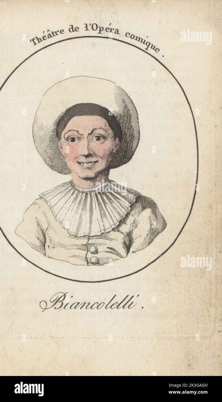 Caterina Biancolelli, italienische Schauspielerin im Stil der Commedia dell’arte, berühmt für ihre Rolle als Colombina, 1665-1716. Biancolelli. Theater de l'Opera comique. Handkolorierter Kupferstich nach Jacques Grasset Saint-Sauveur von Acteurs et Actrices Cebres, berühmten Schauspielern und Schauspielerinnen, Le Caliz Latour Libraire, Paris, 1808. Stockfoto