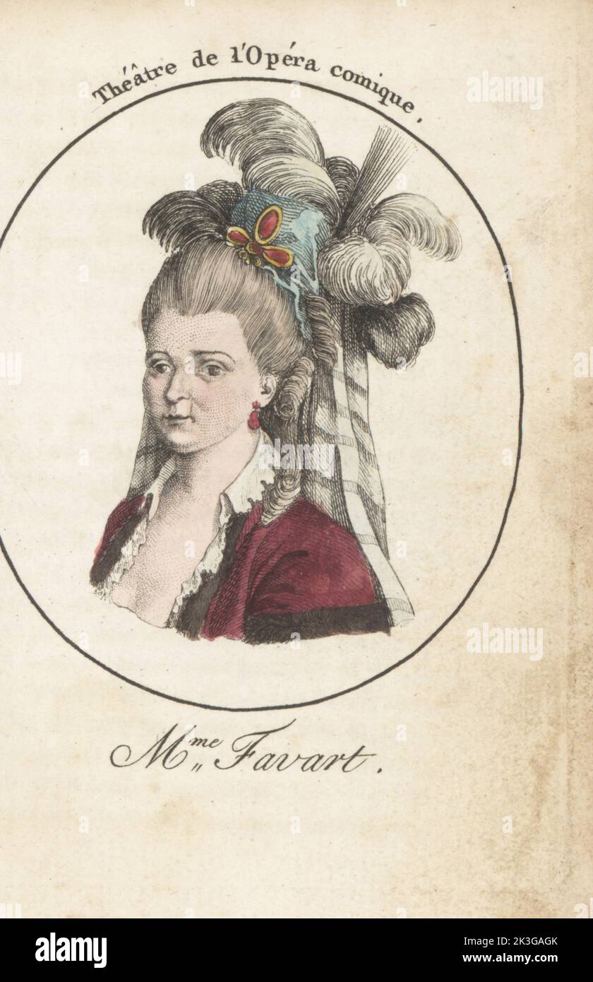 Justine Favart, Marie Justine Benoite Favart, französische Opernsängerin, Schauspielerin, Tänzerin und Schriftstellerin, Ehefrau des Dramatikers Charles Simon Favart, 1727-1772. Frau Favart. Theater de l'Opera comique. Justine Duronceray. Handkolorierter Kupferstich nach Jacques Grasset Saint-Sauveur von Acteurs et Actrices Cebres, berühmten Schauspielern und Schauspielerinnen, Le Caliz Latour Libraire, Paris, 1808. Stockfoto