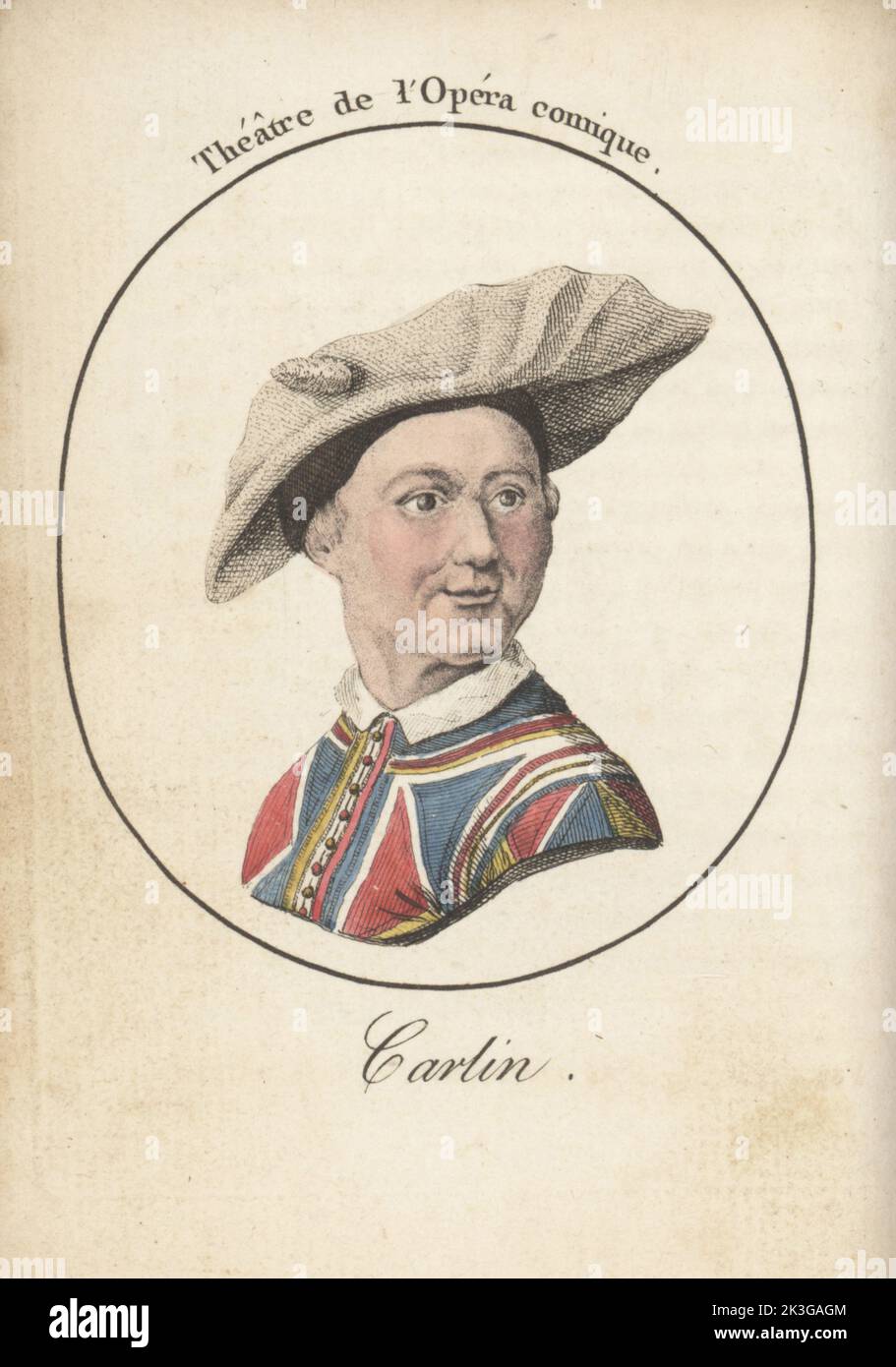 Carlo Antonio Bertinazzi oder Carlin, italienischer Schauspieler, berühmt für seine Darbietung als Harlekin in der Commedia dell'arte, 1710-1783. Theater de l'Opera comique. Handkolorierter Kupferstich nach Jacques Grasset Saint-Sauveur von Acteurs et Actrices Cebres, berühmten Schauspielern und Schauspielerinnen, Le Caliz Latour Libraire, Paris, 1808. Stockfoto