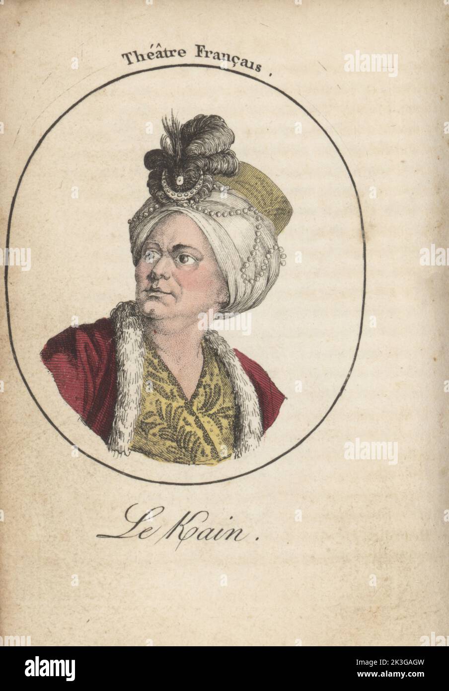 Henri Louis Cain oder Le Kain, französischer Schauspieler, 1728-1778. In Turban und Kostüm von Orosmane oder Osman in Voltaires Zaire, die Tragödie von Zara, 1765. Le Kain. Theater Francais. Handkolorierter Kupferstich nach Jacques Grasset Saint-Sauveur von Acteurs et Actrices Cebres, berühmten Schauspielern und Schauspielerinnen, Le Caliz Latour Libraire, Paris, 1808. Stockfoto