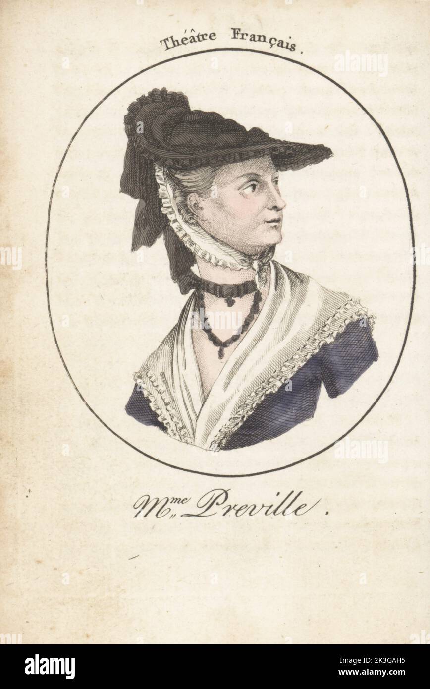 Madeleine Angélique Michelle Drouin oder Madame Préville, französische Bühnenschauspielerin, die den Comicschauspieler Preville (1731–1798) heiratete. Frau Preville. Theater Francais. Handkolorierter Kupferstich nach Jacques Grasset Saint-Sauveur von Acteurs et Actrices Cebres, berühmten Schauspielern und Schauspielerinnen, Le Caliz Latour Libraire, Paris, 1808. Stockfoto