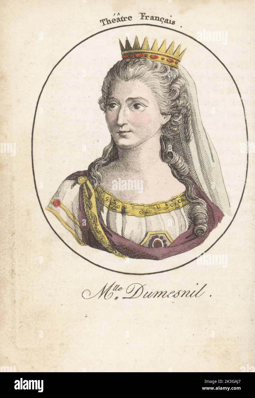 Marie Françoise Dumesnil, Marie-Françoise Marchand, französische Schauspielerin, 1713-1803. Mlle Dumesnil. Theater Francais. Handkolorierter Kupferstich nach Jacques Grasset Saint-Sauveur von Acteurs et Actrices Cebres, berühmten Schauspielern und Schauspielerinnen, Le Caliz Latour Libraire, Paris, 1808. Stockfoto