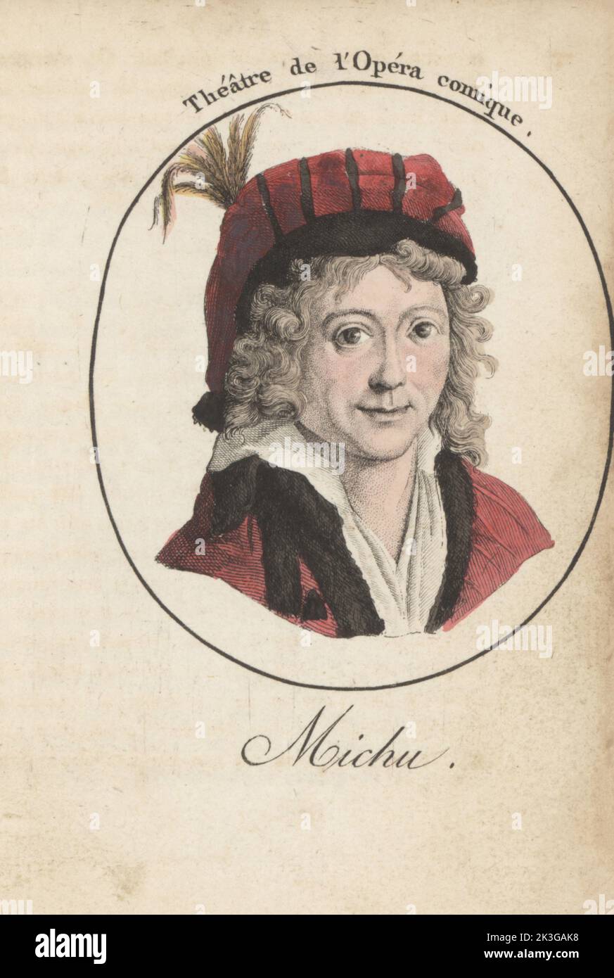 Louis Michu, französischer Schauspieler, Sänger und Musiker, der am Theater Italien, später an der Opera Comique, 1754-1801, auftrat. Ertrunken in der seine im Jahr 1801. Michu. Theatre de l'Opera Comique. Handkolorierter Kupferstich nach Jacques Grasset Saint-Sauveur von Acteurs et Actrices Cebres, berühmten Schauspielern und Schauspielerinnen, Le Caliz Latour Libraire, Paris, 1808. Stockfoto