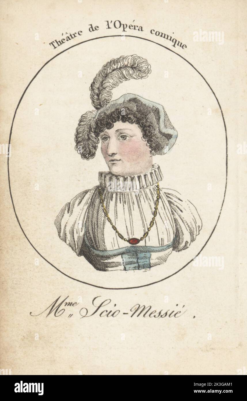 Julie-Angelique Scio-Messie, französische Sopranistin, Opernsängerin, 1768-1807. Madame Scio, heiratete Messié im Jahr 1802. Frau Scio-Messié. Theater de l'Opera comique. Handkolorierter Kupferstich nach Jacques Grasset Saint-Sauveur von Acteurs et Actrices Cebres, berühmten Schauspielern und Schauspielerinnen, Le Caliz Latour Libraire, Paris, 1808. Stockfoto