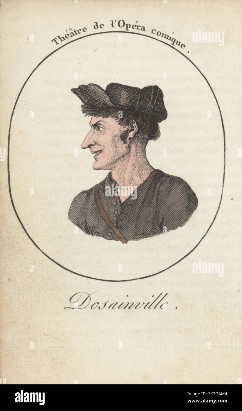 Dozainville, Baptiste-Pierre Dardel, beliebter französischer Schauspieler, 1758-1809. Berühmt für seine Rollen in Le Secret und Le Jockey. Dosiinville. Theater de l'Opera comique. Handkolorierter Kupferstich nach Jacques Grasset Saint-Sauveur von Acteurs et Actrices Cebres, berühmten Schauspielern und Schauspielerinnen, Le Caliz Latour Libraire, Paris, 1808. Stockfoto