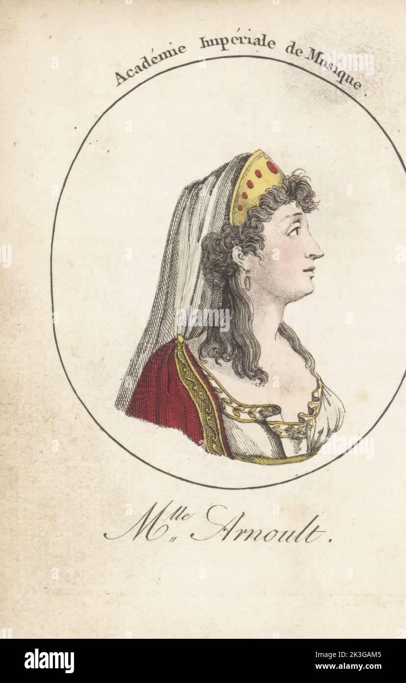Madeleine-Sophie Arnould, französische Schauspielerin und Opernsopranistin, 1740-1802. Bisexuelle, zu deren skandalösen Liebesbeziehungen Louis-Leon de Brancas, Paul Barras, Fanny Raucourt, Madame de Villeroy und viele andere gehörten. Mlle Arnoult. Academie Imperiale de Musique. Handkolorierter Kupferstich nach Jacques Grasset Saint-Sauveur von Acteurs et Actrices Cebres, berühmten Schauspielern und Schauspielerinnen, Le Caliz Latour Libraire, Paris, 1808. Stockfoto